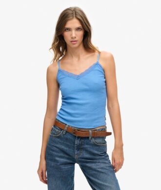 Cami-top i Organic Cotton med ribbstickning och spets