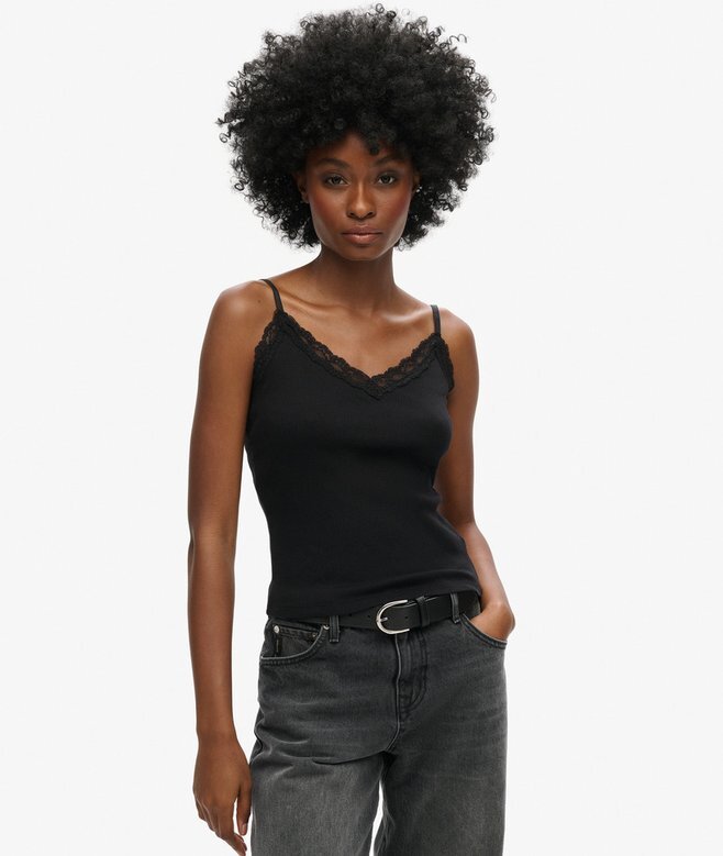 Cami-top i Organic Cotton med Vintage-ribb och spetskant Cami-top i Organic Cotton med Vintage-ribb och spetskant