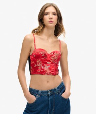 Korsetttop med blomsterbroderi i satin