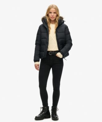 Kort Hooded Puffer jacka i fuskpäls