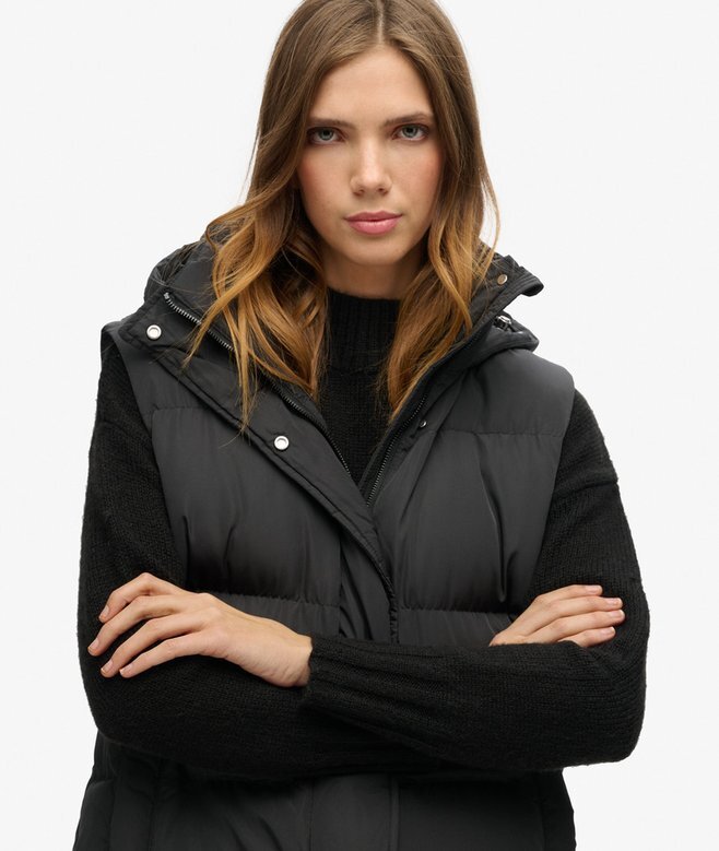 Lång Hooded Puffer Västa Lång Hooded Puffer Västa