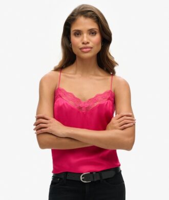 Satin-cami-top med spetskant