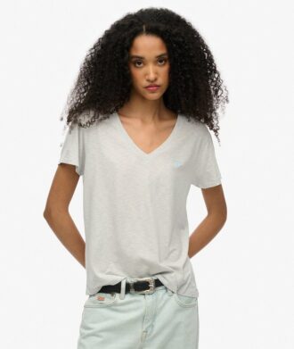 Slub-broderad T-shirt med V-ringning