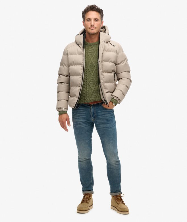 Tweed-sportjacka med huva som puffar Tweed-sportjacka med huva som puffar